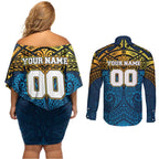 Personalized Gold Coast Titans Couples Matching Off Shoulder Short Dress and Long Sleeve Button Shirt Polynesian Tribal Pattern Style