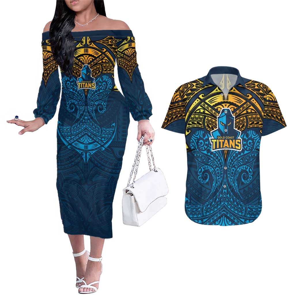 Personalized Gold Coast Titans Couples Matching Off The Shoulder Long Sleeve Dress and Hawaiian Shirt Polynesian Tribal Pattern Style