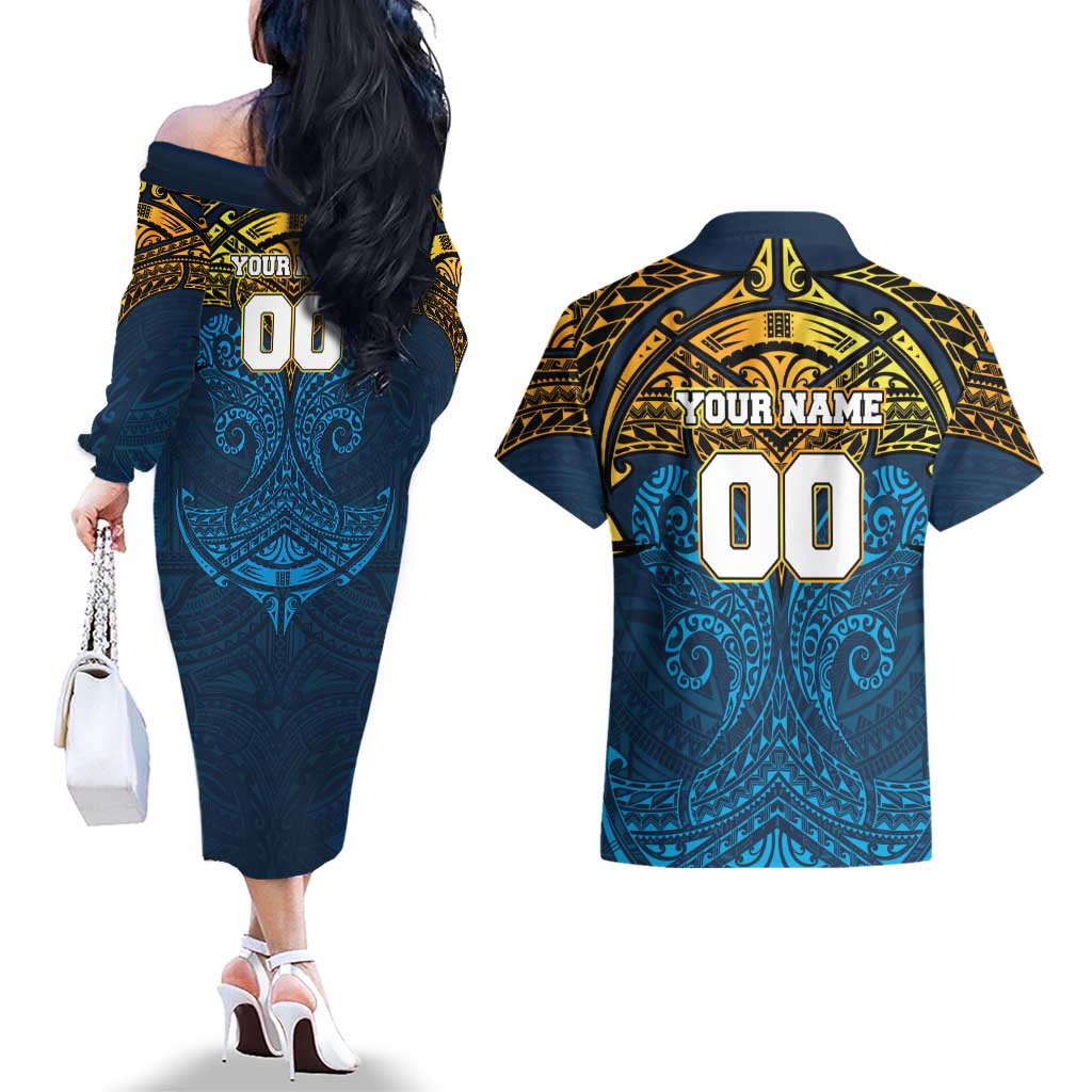 Personalized Gold Coast Titans Couples Matching Off The Shoulder Long Sleeve Dress and Hawaiian Shirt Polynesian Tribal Pattern Style