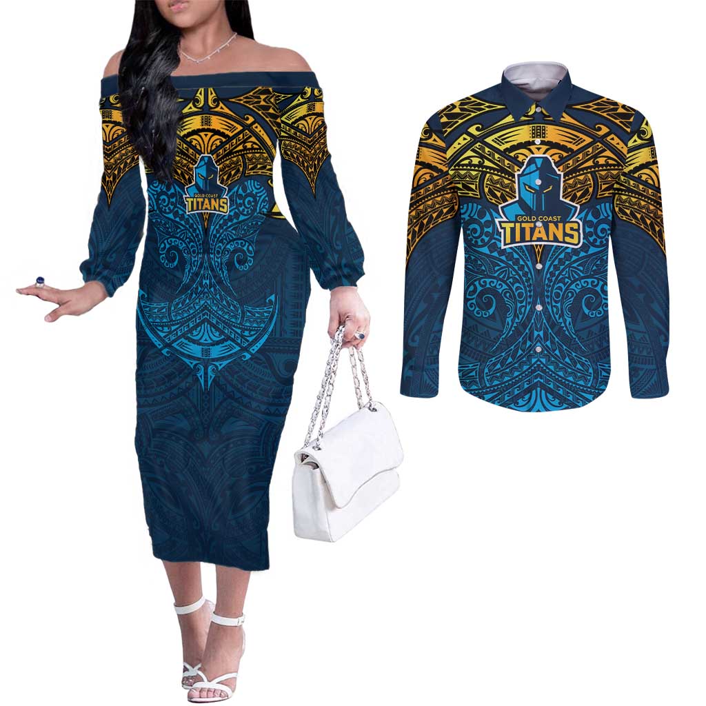 Personalized Gold Coast Titans Couples Matching Off The Shoulder Long Sleeve Dress and Long Sleeve Button Shirt Polynesian Tribal Pattern Style