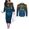 Personalized Gold Coast Titans Couples Matching Off The Shoulder Long Sleeve Dress and Long Sleeve Button Shirt Polynesian Tribal Pattern Style