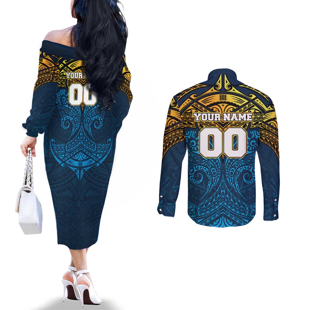 Personalized Gold Coast Titans Couples Matching Off The Shoulder Long Sleeve Dress and Long Sleeve Button Shirt Polynesian Tribal Pattern Style