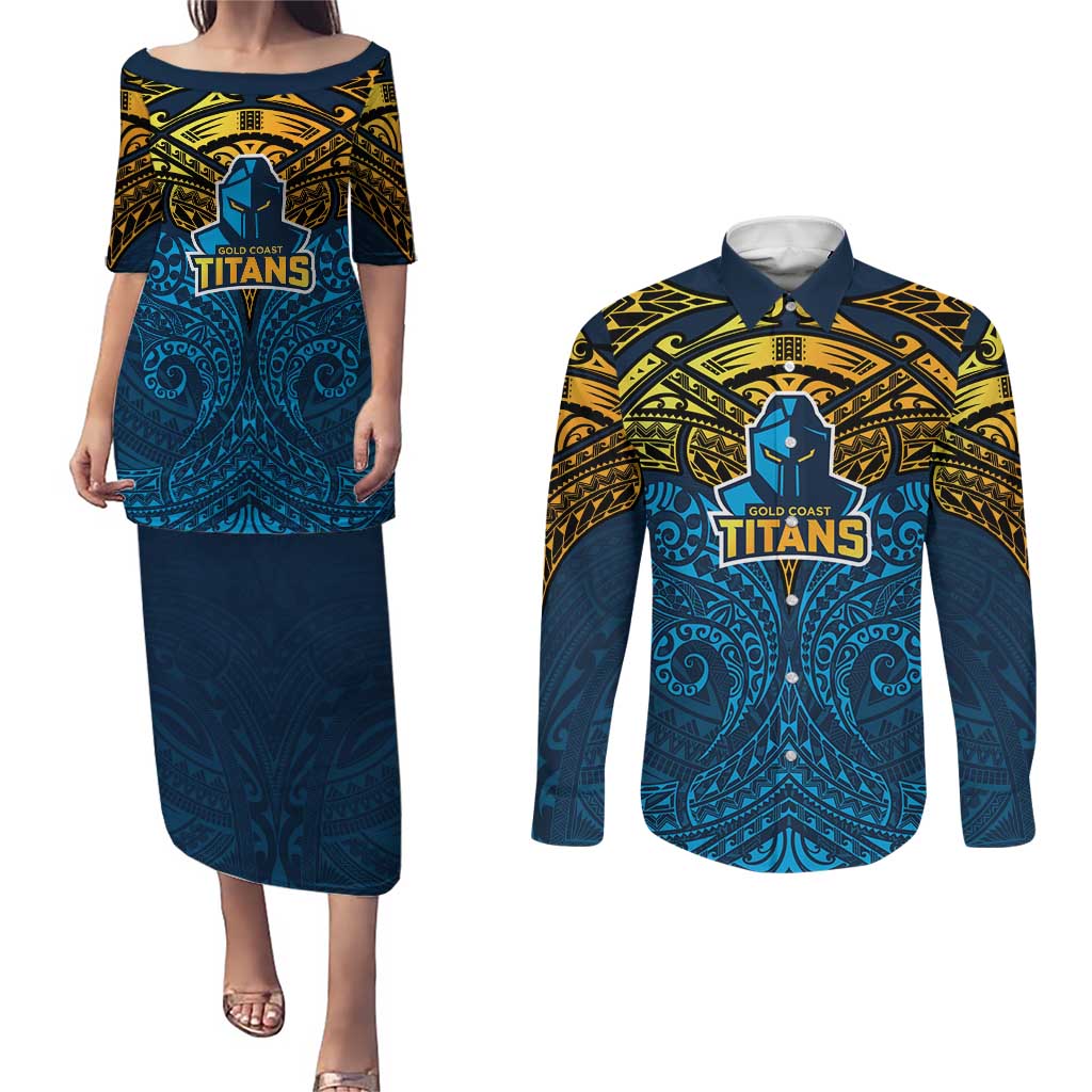 Personalized Gold Coast Titans Couples Matching Puletasi and Long Sleeve Button Shirt Polynesian Tribal Pattern Style