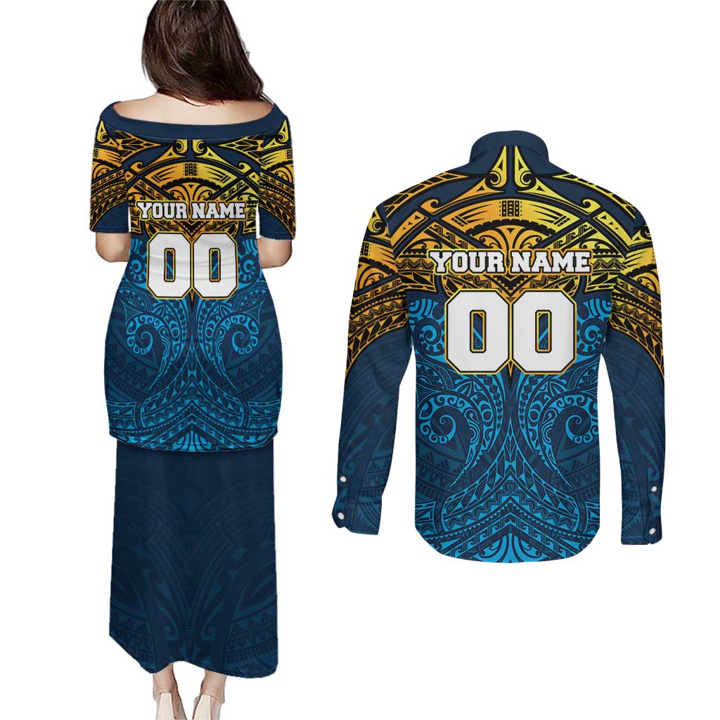 Personalized Gold Coast Titans Couples Matching Puletasi and Long Sleeve Button Shirt Polynesian Tribal Pattern Style