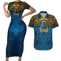 Personalized Gold Coast Titans Couples Matching Short Sleeve Bodycon Dress and Hawaiian Shirt Polynesian Tribal Pattern Style