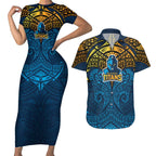 Personalized Gold Coast Titans Couples Matching Short Sleeve Bodycon Dress and Hawaiian Shirt Polynesian Tribal Pattern Style