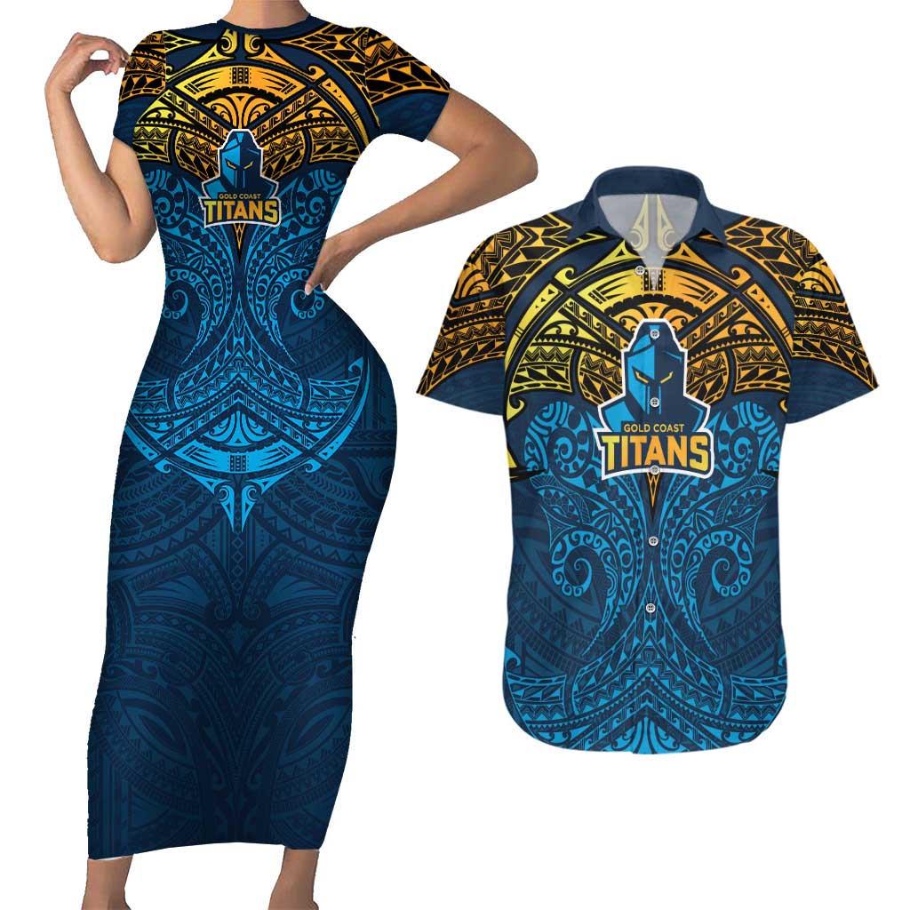 Personalized Gold Coast Titans Couples Matching Short Sleeve Bodycon Dress and Hawaiian Shirt Polynesian Tribal Pattern Style