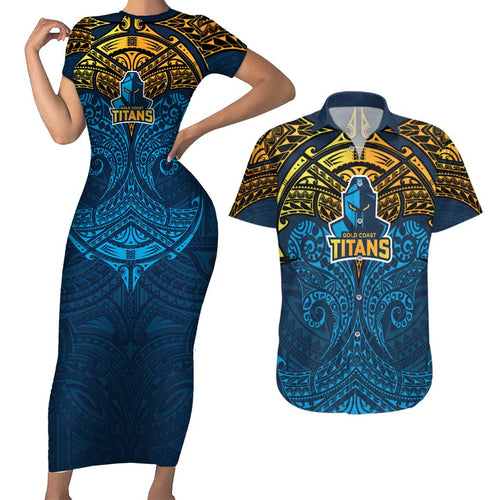Personalized Gold Coast Titans Couples Matching Short Sleeve Bodycon Dress and Hawaiian Shirt Polynesian Tribal Pattern Style