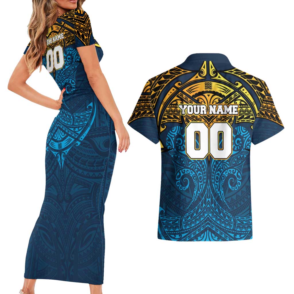 Personalized Gold Coast Titans Couples Matching Short Sleeve Bodycon Dress and Hawaiian Shirt Polynesian Tribal Pattern Style