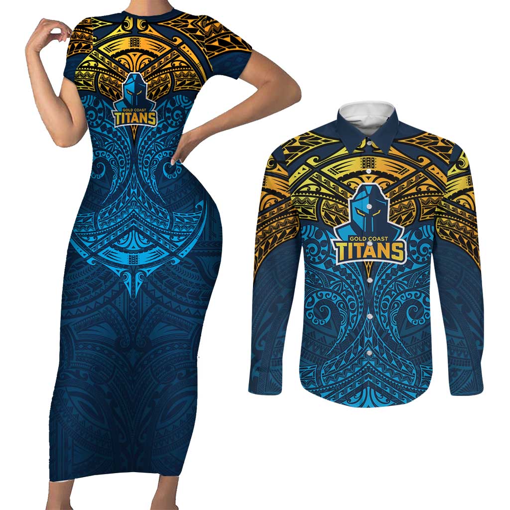 Personalized Gold Coast Titans Couples Matching Short Sleeve Bodycon Dress and Long Sleeve Button Shirt Polynesian Tribal Pattern Style