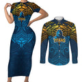 Personalized Gold Coast Titans Couples Matching Short Sleeve Bodycon Dress and Long Sleeve Button Shirt Polynesian Tribal Pattern Style