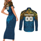 Personalized Gold Coast Titans Couples Matching Short Sleeve Bodycon Dress and Long Sleeve Button Shirt Polynesian Tribal Pattern Style