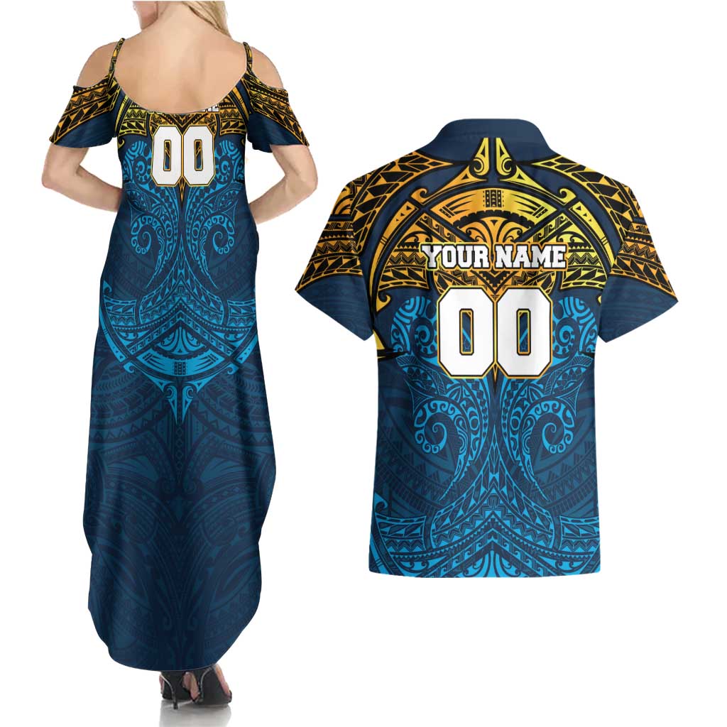 Personalized Gold Coast Titans Couples Matching Summer Maxi Dress and Hawaiian Shirt Polynesian Tribal Pattern Style
