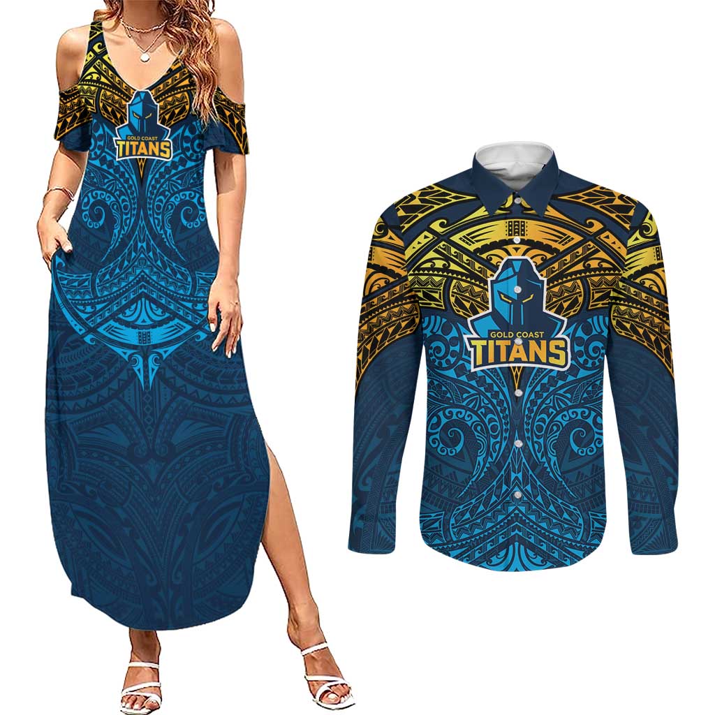 Personalized Gold Coast Titans Couples Matching Summer Maxi Dress and Long Sleeve Button Shirt Polynesian Tribal Pattern Style