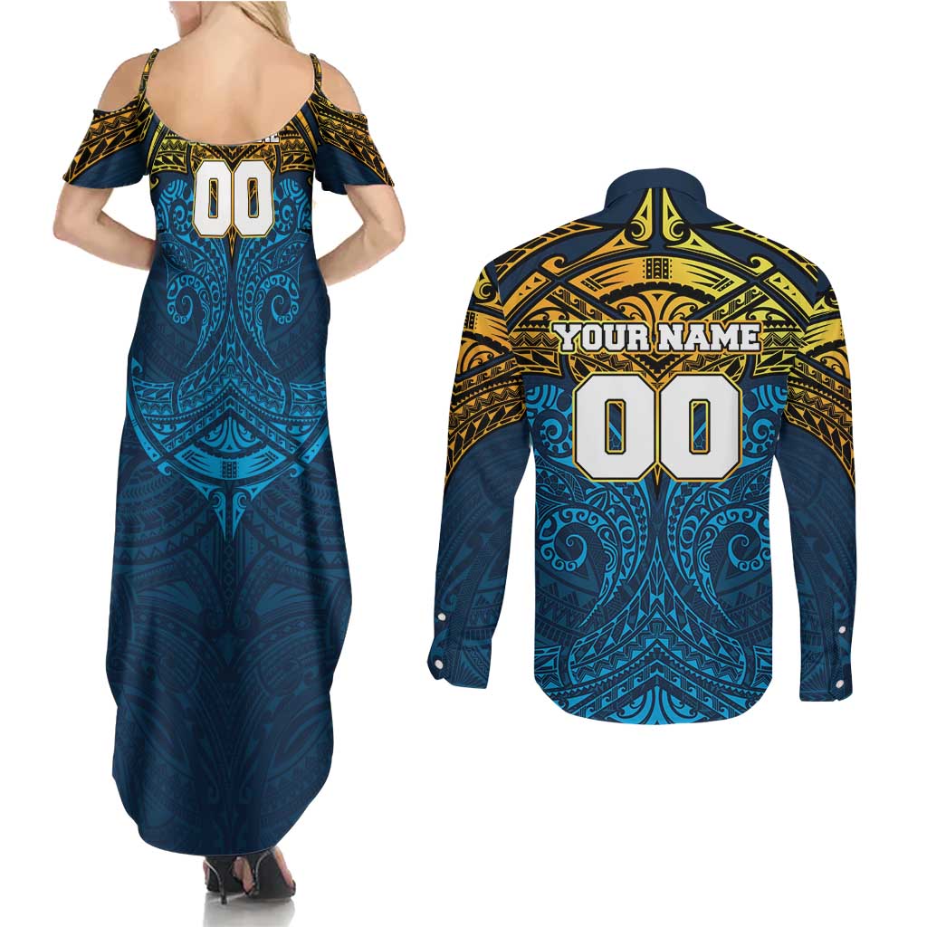 Personalized Gold Coast Titans Couples Matching Summer Maxi Dress and Long Sleeve Button Shirt Polynesian Tribal Pattern Style