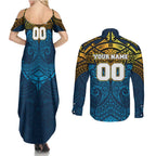 Personalized Gold Coast Titans Couples Matching Summer Maxi Dress and Long Sleeve Button Shirt Polynesian Tribal Pattern Style