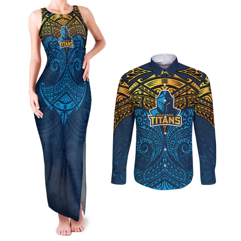 Personalized Gold Coast Titans Couples Matching Tank Maxi Dress and Long Sleeve Button Shirt Polynesian Tribal Pattern Style