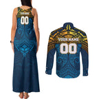Personalized Gold Coast Titans Couples Matching Tank Maxi Dress and Long Sleeve Button Shirt Polynesian Tribal Pattern Style