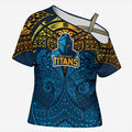 Personalized Gold Coast Titans Cross Shoulder Shirt Polynesian Tribal Pattern Style