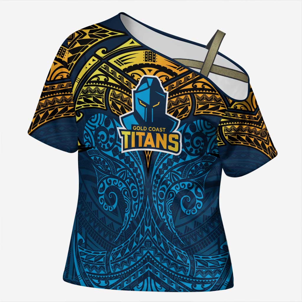 Personalized Gold Coast Titans Cross Shoulder Shirt Polynesian Tribal Pattern Style