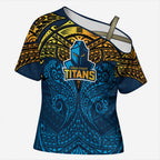 Personalized Gold Coast Titans Cross Shoulder Shirt Polynesian Tribal Pattern Style