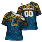 Personalized Gold Coast Titans Cross Shoulder Shirt Polynesian Tribal Pattern Style