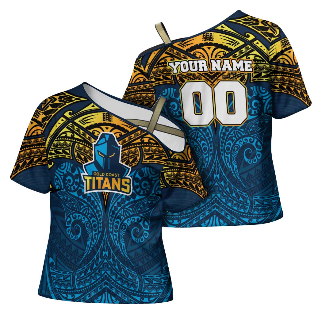 Personalized Gold Coast Titans Cross Shoulder Shirt Polynesian Tribal Pattern Style
