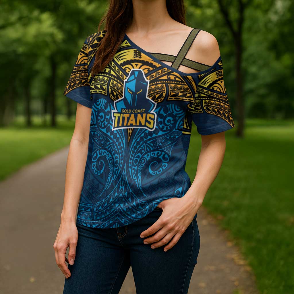 Personalized Gold Coast Titans Cross Shoulder Shirt Polynesian Tribal Pattern Style