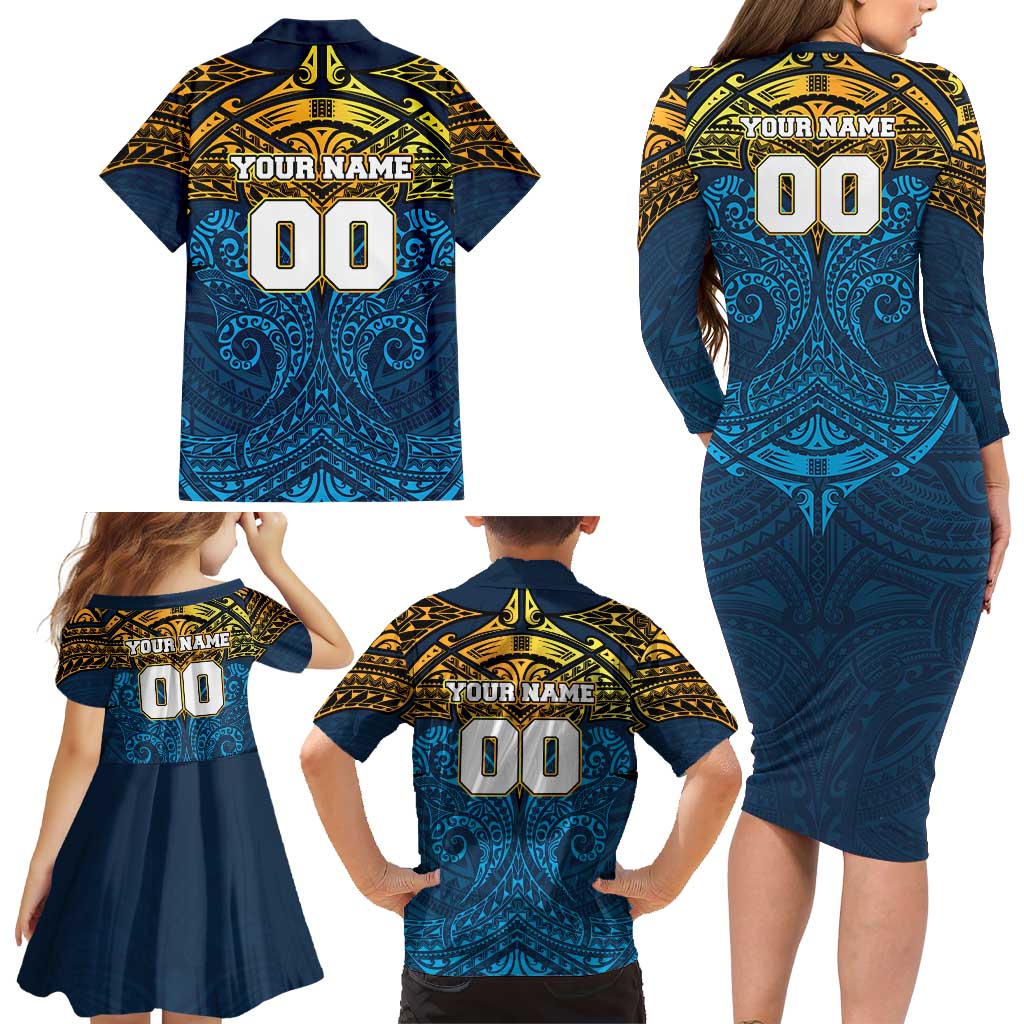 Personalized Gold Coast Titans Family Matching Long Sleeve Bodycon Dress and Hawaiian Shirt Polynesian Tribal Pattern Style