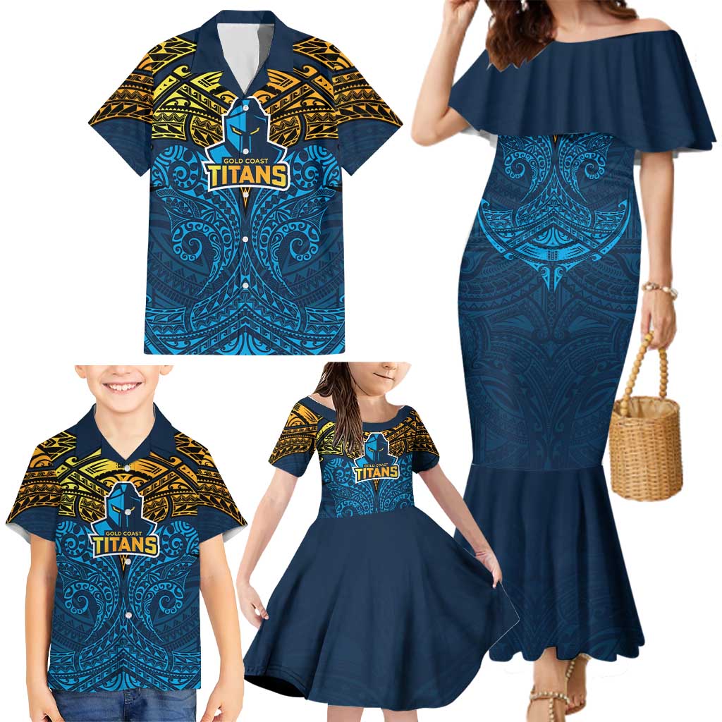 Personalized Gold Coast Titans Family Matching Mermaid Dress and Hawaiian Shirt Polynesian Tribal Pattern Style