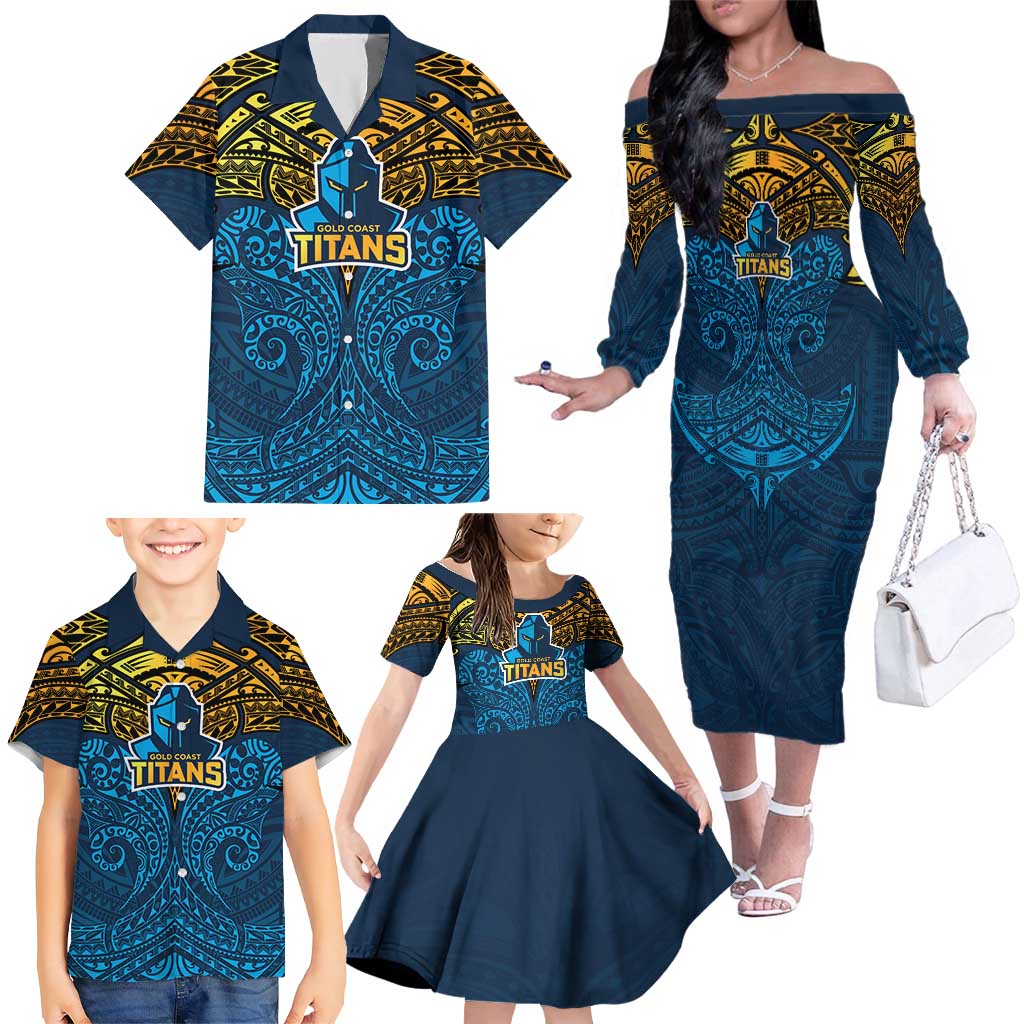 Personalized Gold Coast Titans Family Matching Off The Shoulder Long Sleeve Dress and Hawaiian Shirt Polynesian Tribal Pattern Style