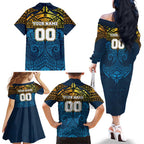 Personalized Gold Coast Titans Family Matching Off The Shoulder Long Sleeve Dress and Hawaiian Shirt Polynesian Tribal Pattern Style