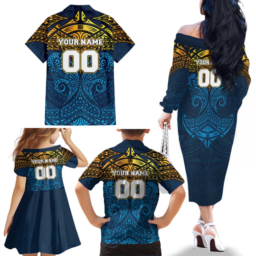 Personalized Gold Coast Titans Family Matching Off The Shoulder Long Sleeve Dress and Hawaiian Shirt Polynesian Tribal Pattern Style