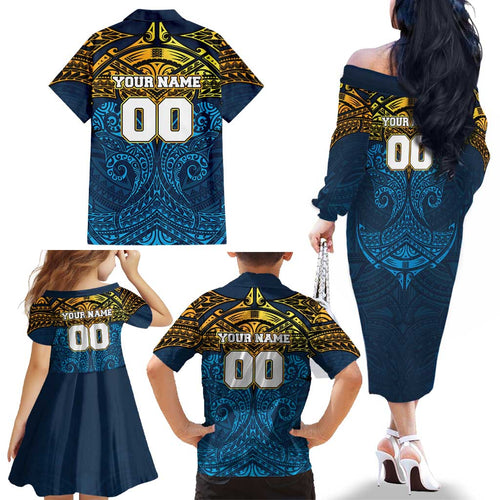 Personalized Gold Coast Titans Family Matching Off The Shoulder Long Sleeve Dress and Hawaiian Shirt Polynesian Tribal Pattern Style