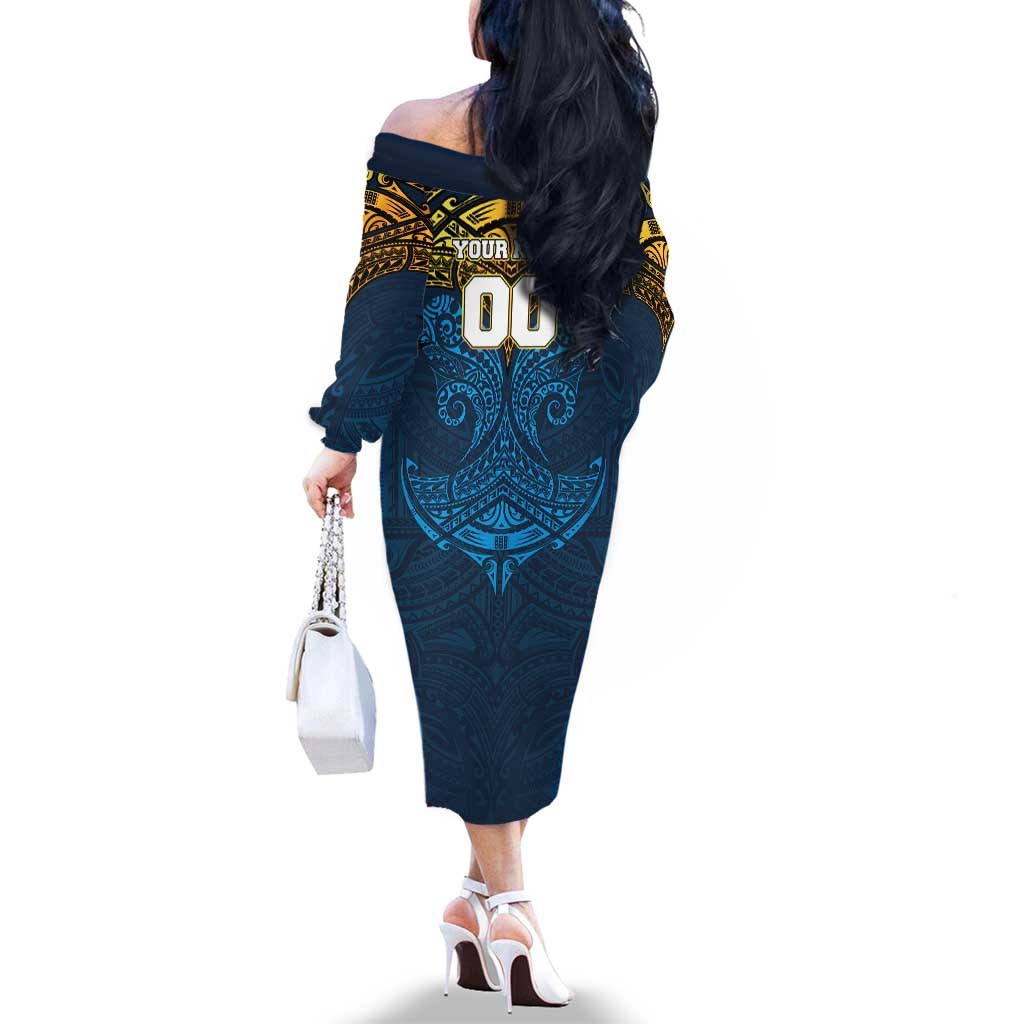 Personalized Gold Coast Titans Family Matching Off The Shoulder Long Sleeve Dress and Hawaiian Shirt Polynesian Tribal Pattern Style