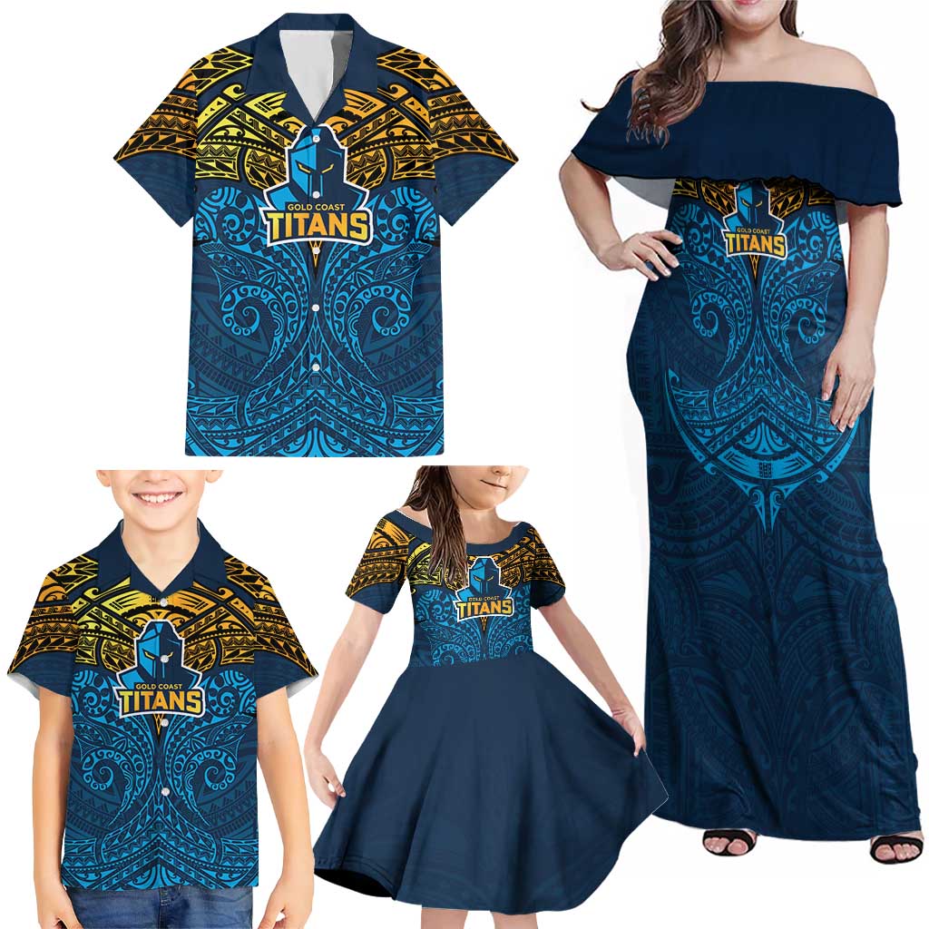 Personalized Gold Coast Titans Family Matching Off Shoulder Maxi Dress and Hawaiian Shirt Polynesian Tribal Pattern Style