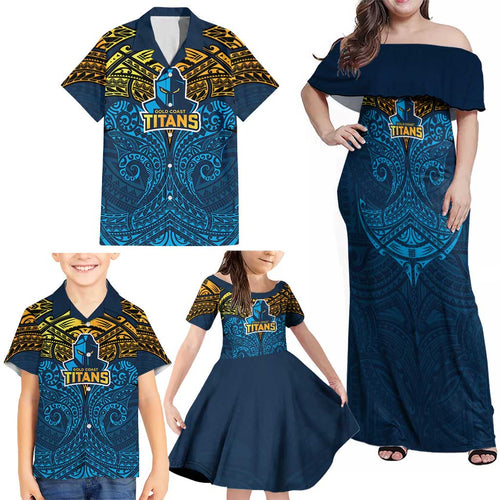 Personalized Gold Coast Titans Family Matching Off Shoulder Maxi Dress and Hawaiian Shirt Polynesian Tribal Pattern Style