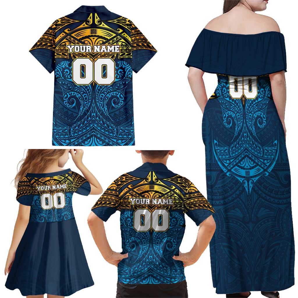 Personalized Gold Coast Titans Family Matching Off Shoulder Maxi Dress and Hawaiian Shirt Polynesian Tribal Pattern Style