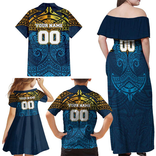 Personalized Gold Coast Titans Family Matching Off Shoulder Maxi Dress and Hawaiian Shirt Polynesian Tribal Pattern Style