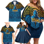 Personalized Gold Coast Titans Family Matching Off Shoulder Short Dress and Hawaiian Shirt Polynesian Tribal Pattern Style