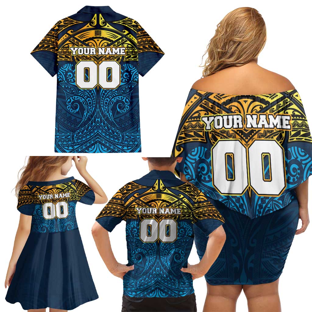 Personalized Gold Coast Titans Family Matching Off Shoulder Short Dress and Hawaiian Shirt Polynesian Tribal Pattern Style