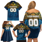Personalized Gold Coast Titans Family Matching Off Shoulder Short Dress and Hawaiian Shirt Polynesian Tribal Pattern Style