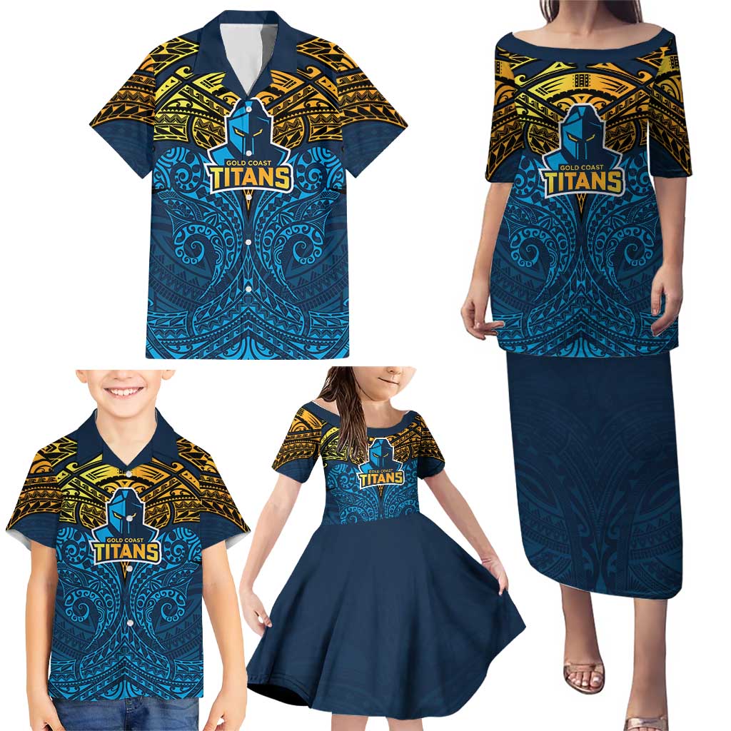 Personalized Gold Coast Titans Family Matching Puletasi and Hawaiian Shirt Polynesian Tribal Pattern Style
