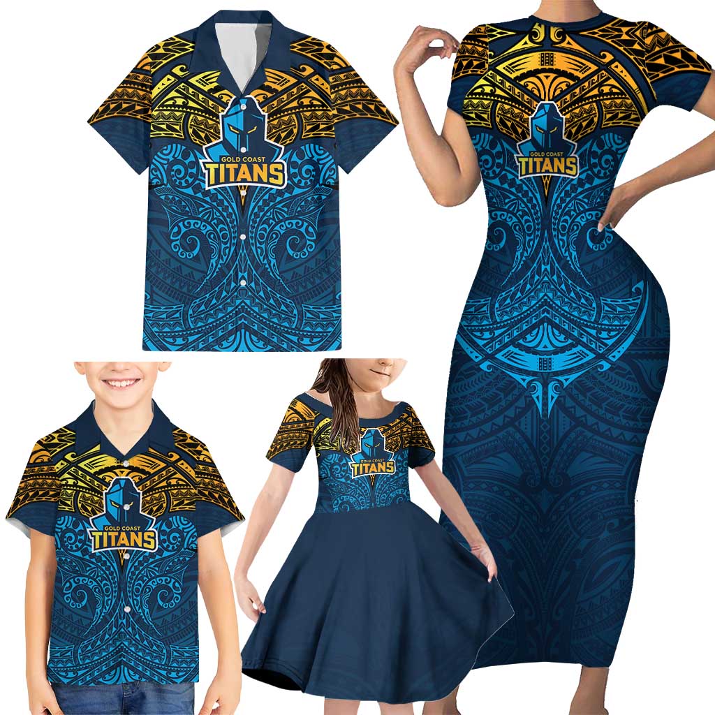 Personalized Gold Coast Titans Family Matching Short Sleeve Bodycon Dress and Hawaiian Shirt Polynesian Tribal Pattern Style