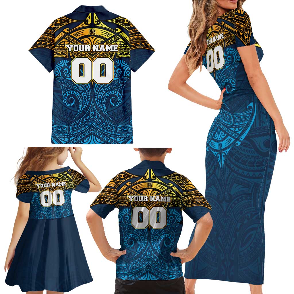 Personalized Gold Coast Titans Family Matching Short Sleeve Bodycon Dress and Hawaiian Shirt Polynesian Tribal Pattern Style