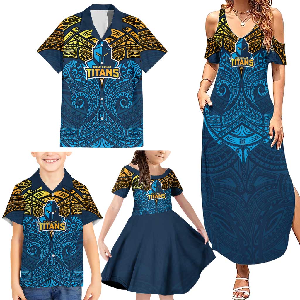 Personalized Gold Coast Titans Family Matching Summer Maxi Dress and Hawaiian Shirt Polynesian Tribal Pattern Style