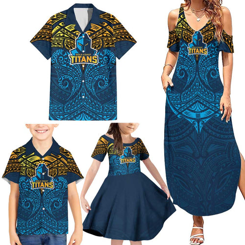 Personalized Gold Coast Titans Family Matching Summer Maxi Dress and Hawaiian Shirt Polynesian Tribal Pattern Style