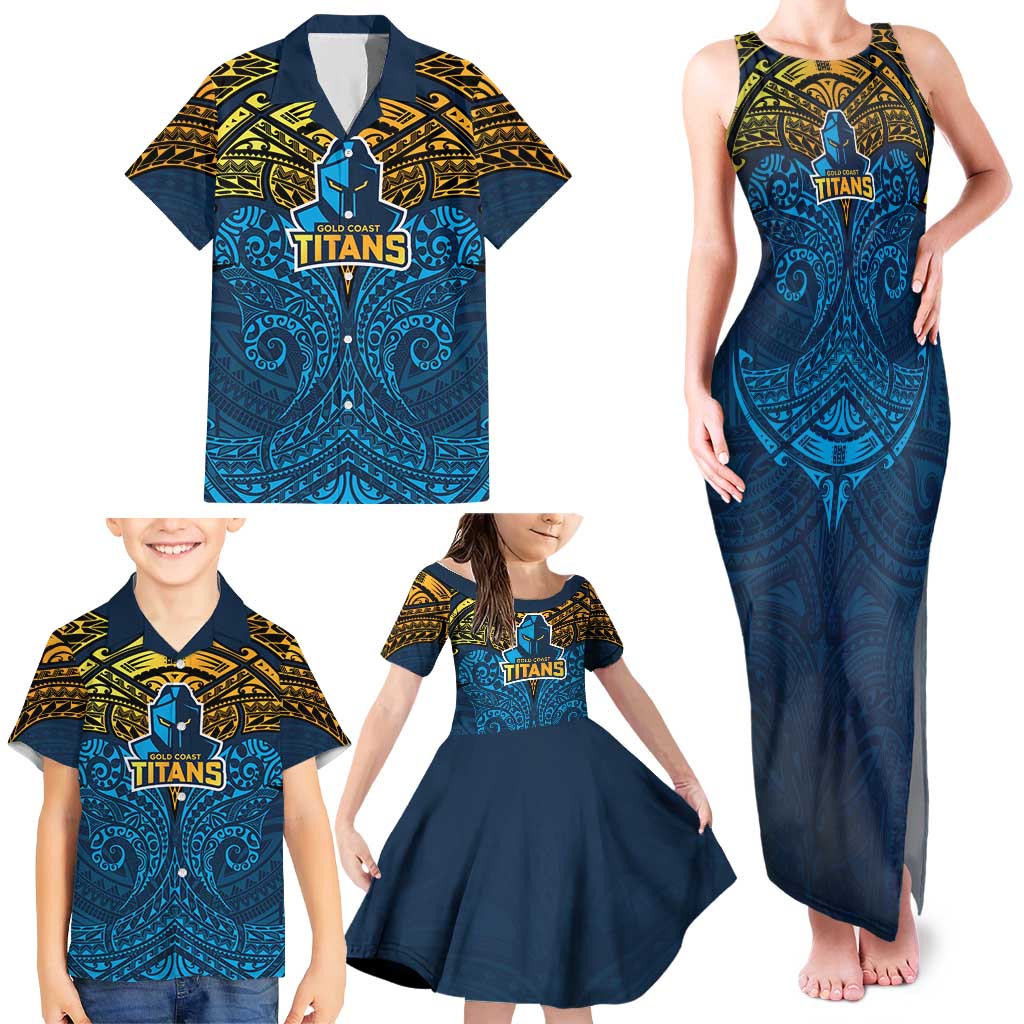 Personalized Gold Coast Titans Family Matching Tank Maxi Dress and Hawaiian Shirt Polynesian Tribal Pattern Style