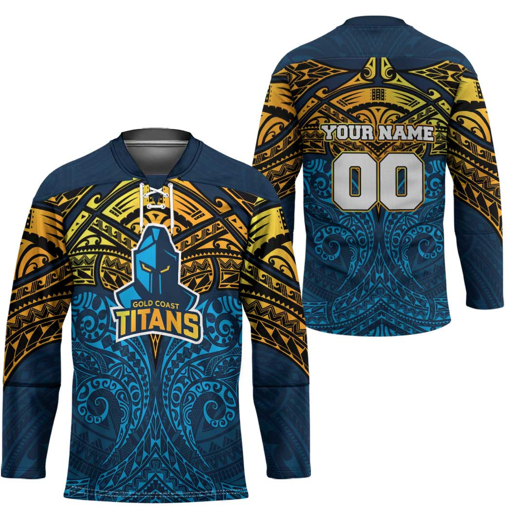 Personalized Gold Coast Titans Hockey Jersey Polynesian Tribal Pattern Style