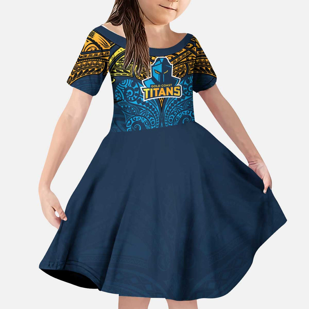 Personalized Gold Coast Titans Kid Short Sleeve Dress Polynesian Tribal Pattern Style